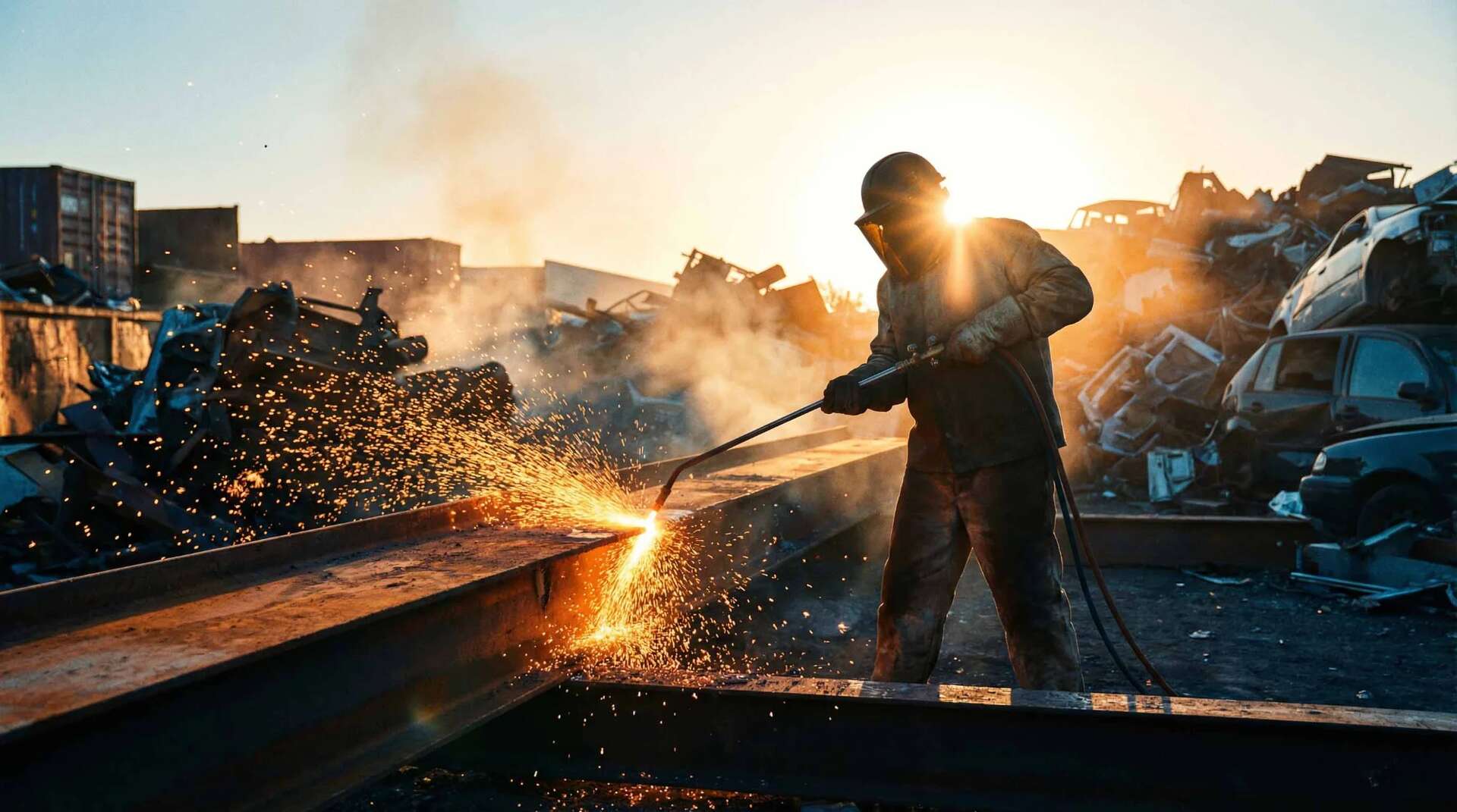 Polttoleikkaaja työssä auringonlaskun aikaan
