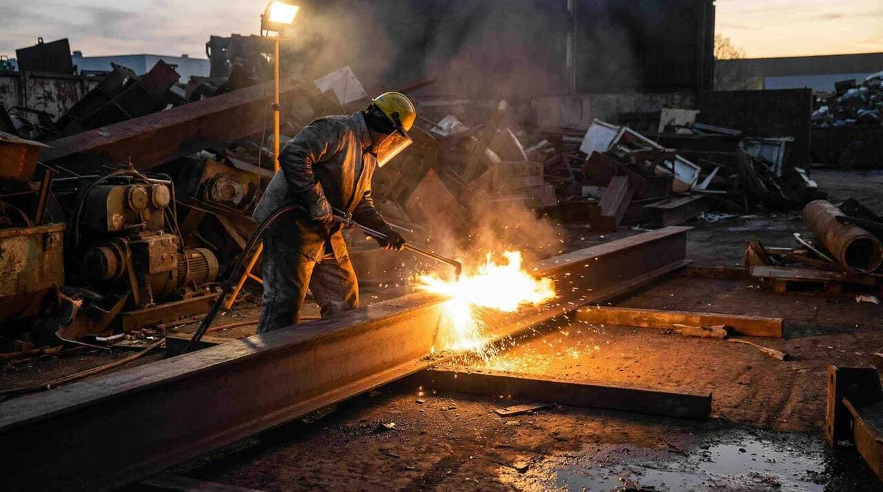 Polttoleikkaaja suorittaa termistä leikkausta romupihalla